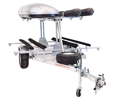 Malone MegaSport LowBed Trailer w/Tier, Spare, 2 sets Bunks, Cargo Box, 2 Rod Tubes