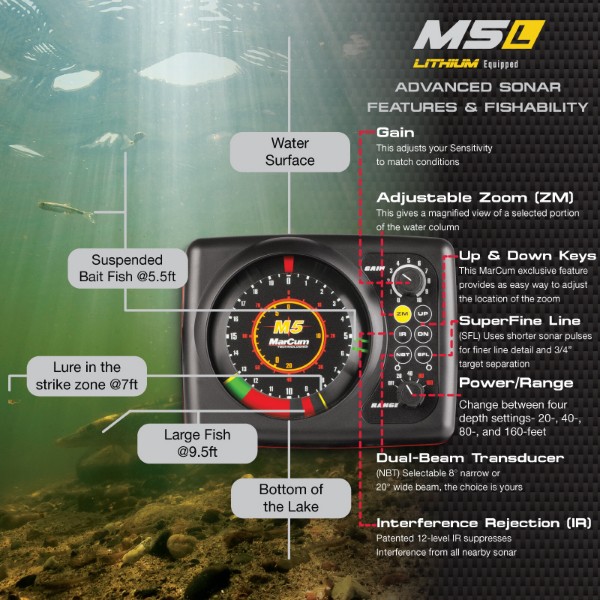Marcum M5L True Color Sonar Flasher Systemw/ "Brute" LiFePO4 12V10Ah Battery